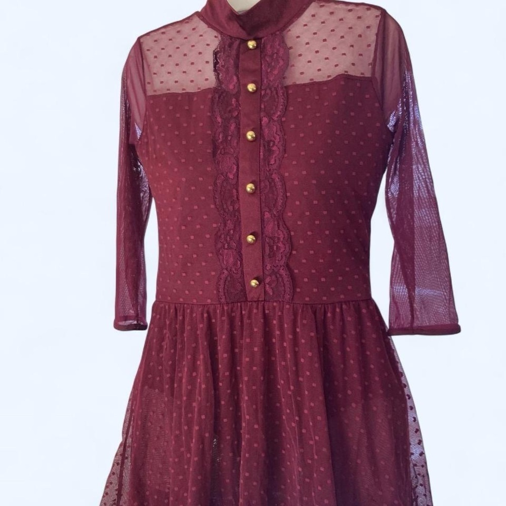 Burgundy polka dot lace overlay dress w button front & 3/4 Sheer sleeves MA